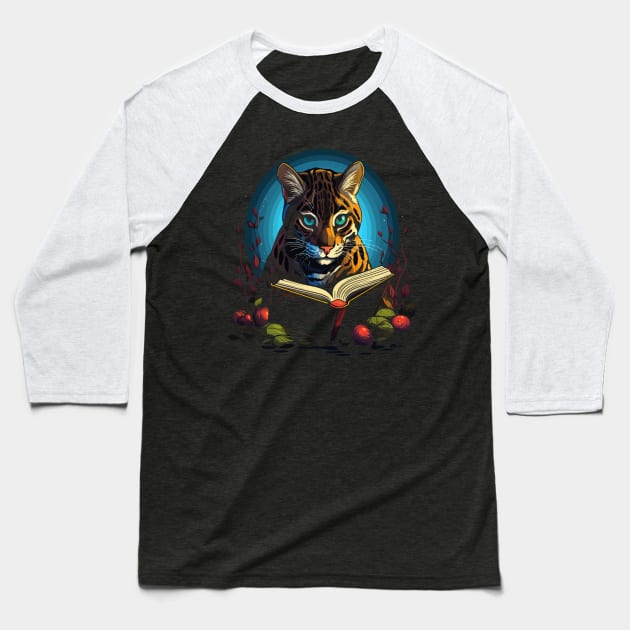 Ocelot Reads Book Baseball T-Shirt by JH Mart